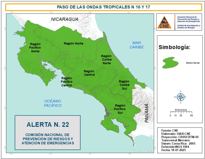 CNE Decreto Alerta de alerta verde en todo  debido a la intensificación de la lluvia y el riesgo de inundación

 – Reporte Tico