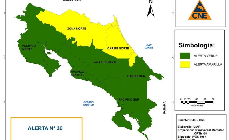 CNE eleva el Caribe Norte y Norte para fuertes lluvias en la alerta amarilla

 – Reporte Tico