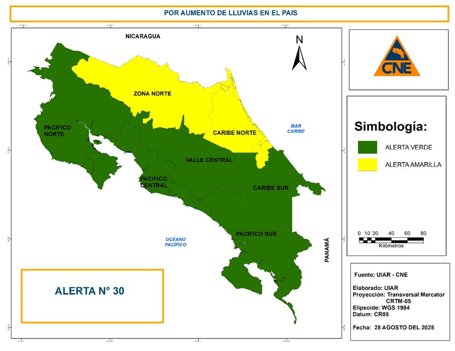 CNE eleva el Caribe Norte y Norte para fuertes lluvias en la alerta amarilla

 – Reporte Tico